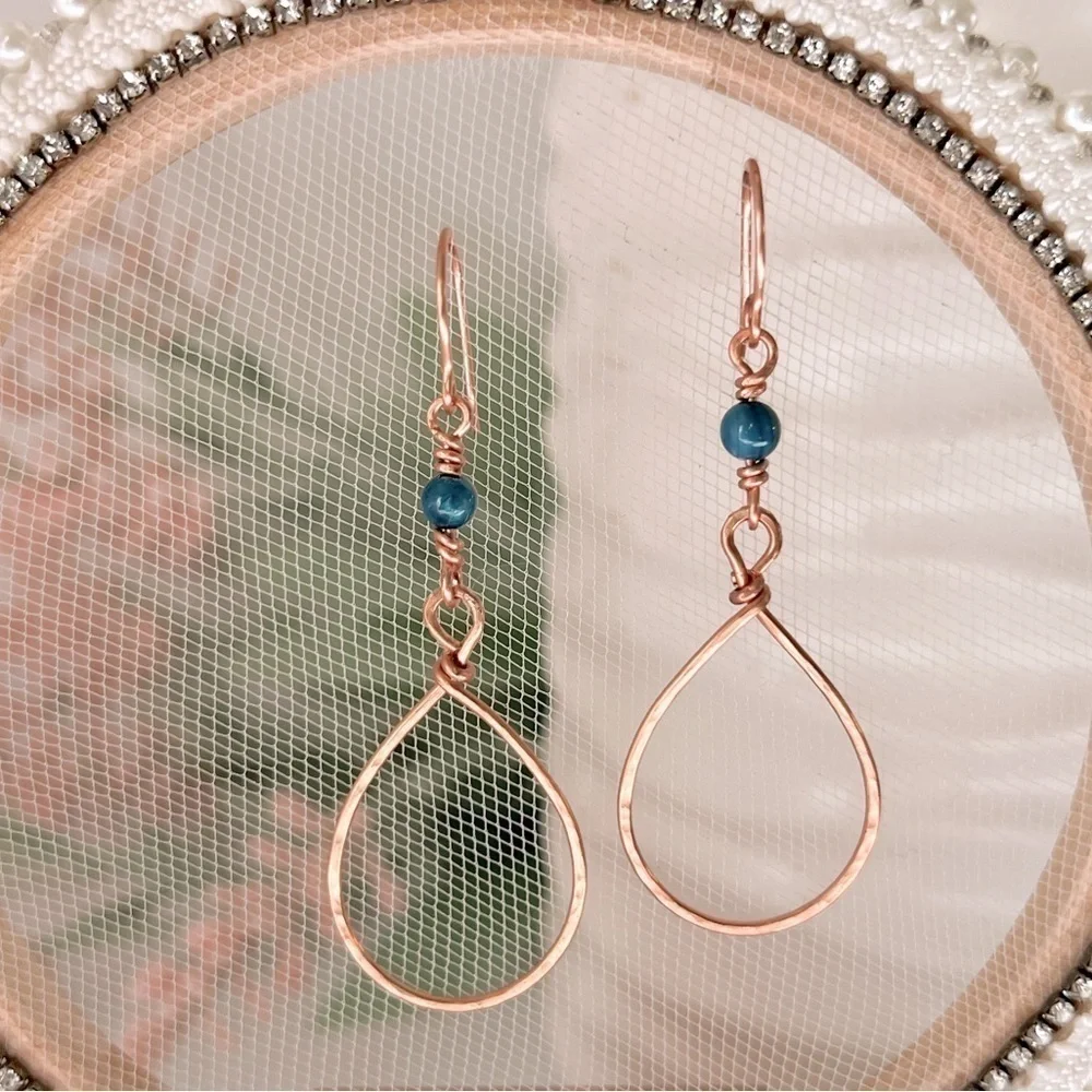 Hammered Copper Wire Wrap Earrings with Blue River Shell Beads